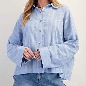Curvy Size Wide Cuff Stripe Texture Cotton Button Down Top Periwinkle Blue